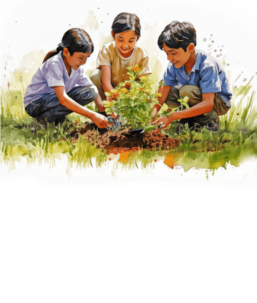 Three children planting a young tree in a grassy area, engaged in nurturing the environment together