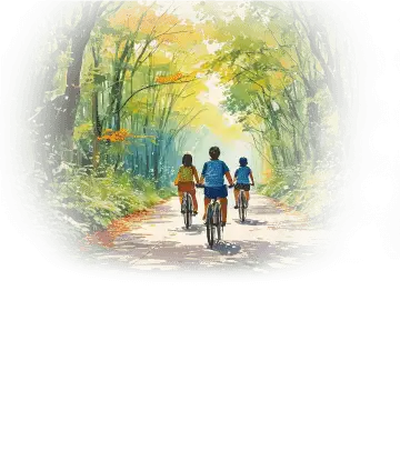 Three children joyfully riding bicycles on a serene path through the woods, captured in a colorful painting.