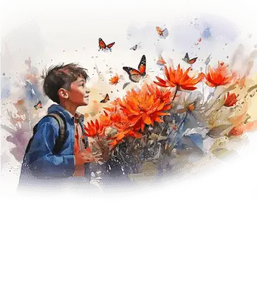 A vibrant painting of a boy surrounded by colorful flowers and fluttering butterflies, capturing a moment of joy and nature.