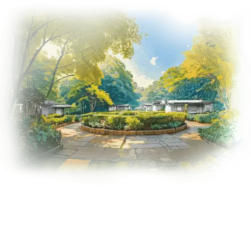 A vibrant painting showcasing a tranquil park pathway, surrounded by trees and flowers, inviting a peaceful stroll.