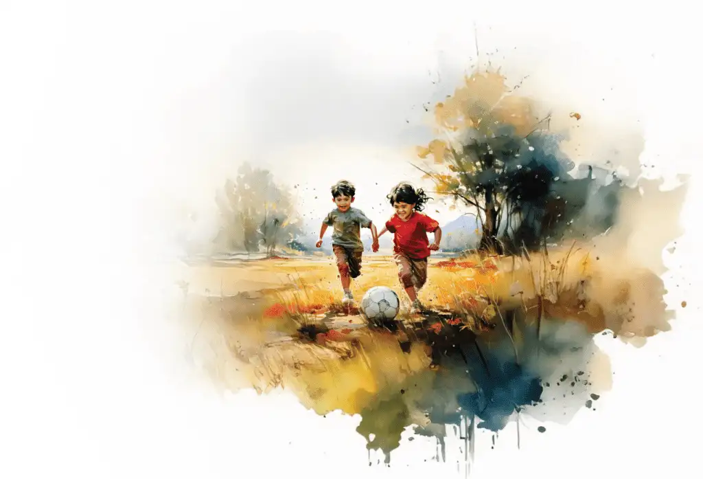 Two boys play soccer in a vibrant watercolor scene, capturing the fun and energy of schoolyard games under a sunny sky.