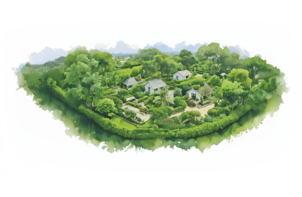 Watercolor painting of a biophilic school nestled among lush green trees, showcasing harmony with nature.